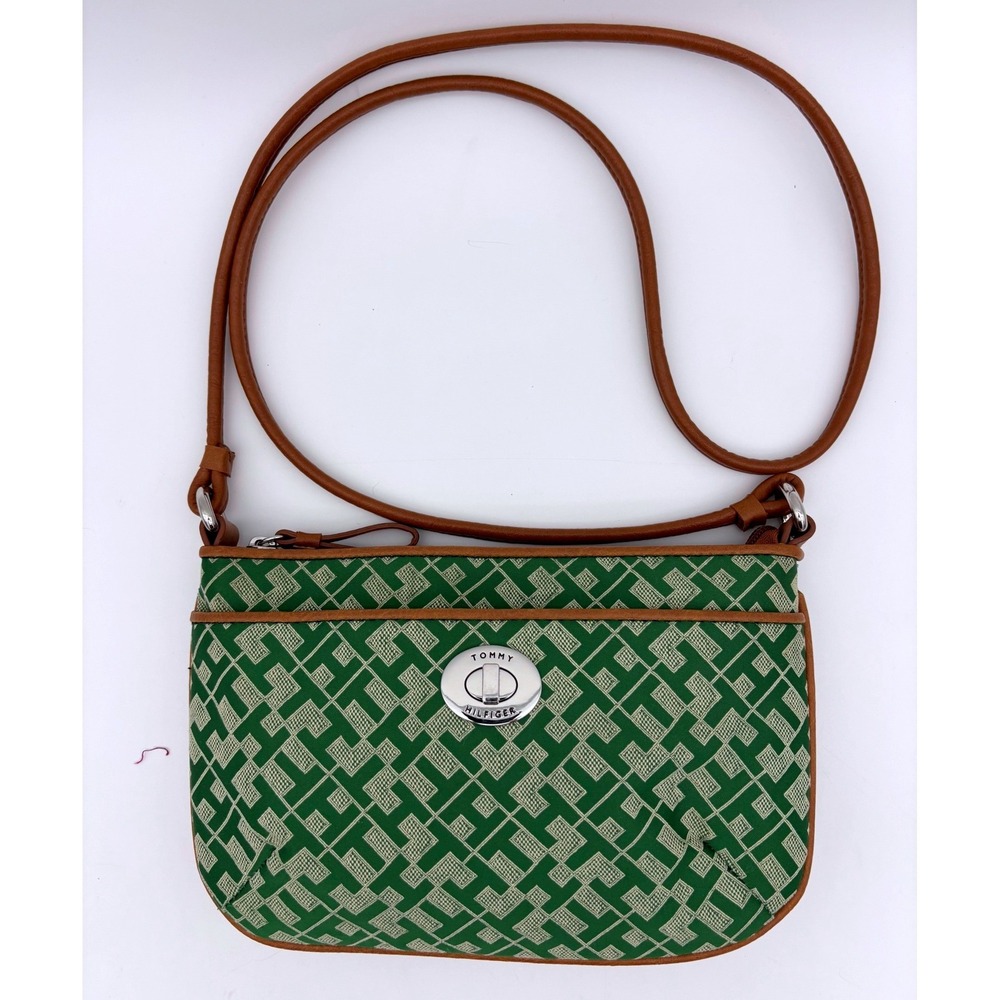 TOMMY HILFIGER Green Monogram Crossbody Y2K RARE Handbag Bag Jacquard Lock Brown
